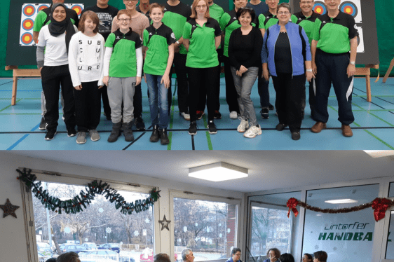 Gruppenszenen mit Sch&uuml;tzen beim Bogenschie&szlig;en, Teamfoto und geselligem Beisammensein in einem Innenraum.