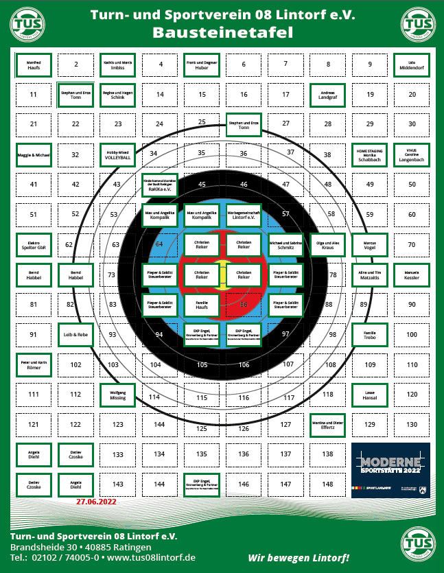 Tabelle mit Sponsoren und Firmenlogos des Turn- und Sportvereins 08 Lintorf e.V. auf einem Sportplatzplan.