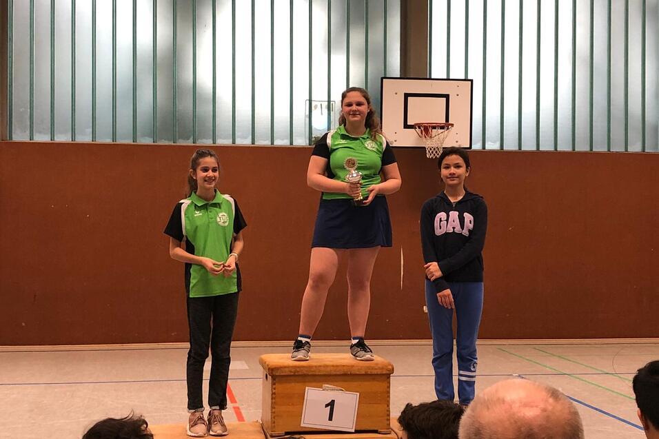 Drei M&auml;dchen stehen auf einem Siegertreppchen, eine h&auml;lt einen Pokal, w&auml;hrend die anderen neben ihr stehen.