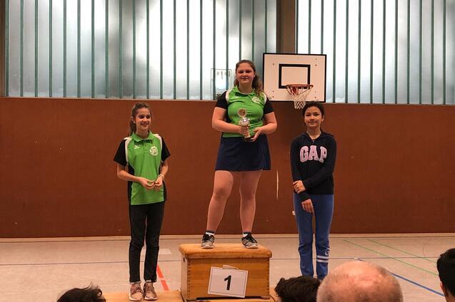 Drei M&auml;dchen stehen auf einem Siegertreppchen, eine h&auml;lt einen Pokal, w&auml;hrend die anderen neben ihr stehen.