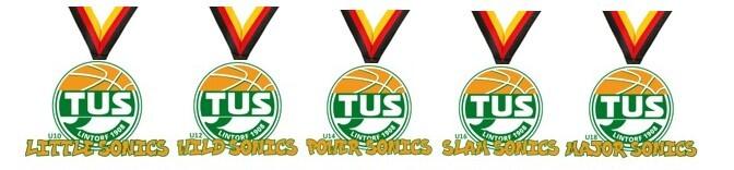 F&uuml;nf Medaillen mit dem Logo von TUS und den Bezeichnungen: Little Sonics, Wild Sonics, Power Sonics, Slam Sonics, Major Sonics.