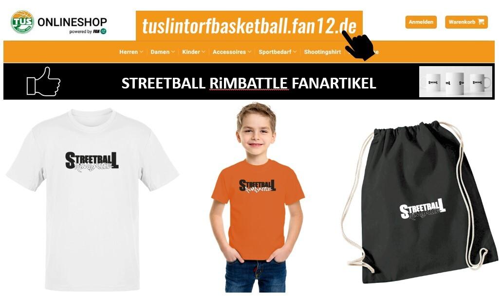 Produktauswahl mit einem wei&szlig;en und einem orangen T-Shirt sowie einem schwarzen Beutel, alle mit "Streetball"-Logo.