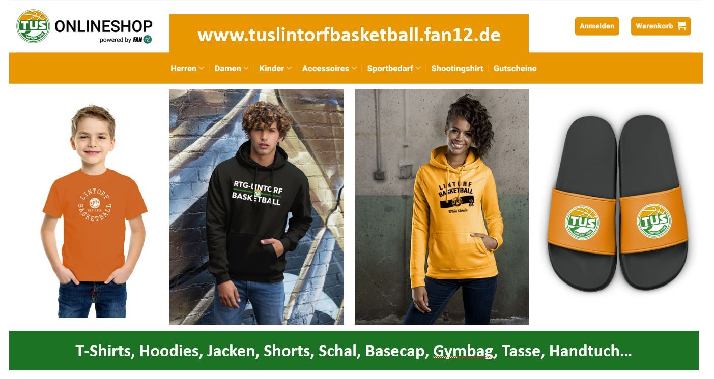 Webshop-&Uuml;bersicht mit Basketballbekleidung und Merchandise, einschlie&szlig;lich T-Shirts, Hoodies und Slipper.