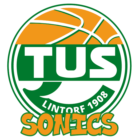 Logo der TUS Lintorf 1908 Sonics mit Basketball-Elementen in gr&uuml;n, orange und wei&szlig; auf runder Grundform.