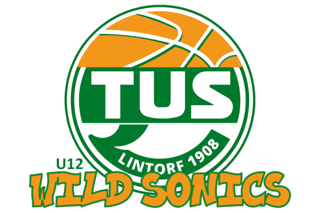 Logo der U12-Basketballmannschaft &bdquo;Wild Sonics&ldquo; von TuS Lintorf mit orangefarbenem Basketball und gr&uuml;nem Schriftzug.