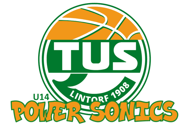 Logo der U14-Basketballmannschaft &bdquo;Power Sonics&ldquo; des TuS Lintorf 1908 mit gr&uuml;nen und orangen Elementen.