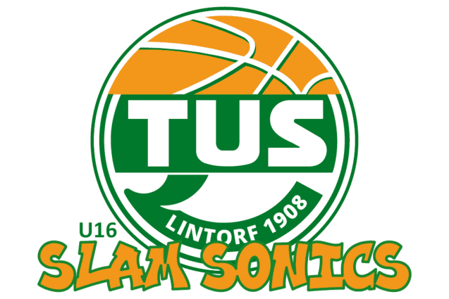 Logo der U16-Basketballmannschaft "Slam Sonics" des TuS Lintorf 1908 mit Basketballmotiven und Text.