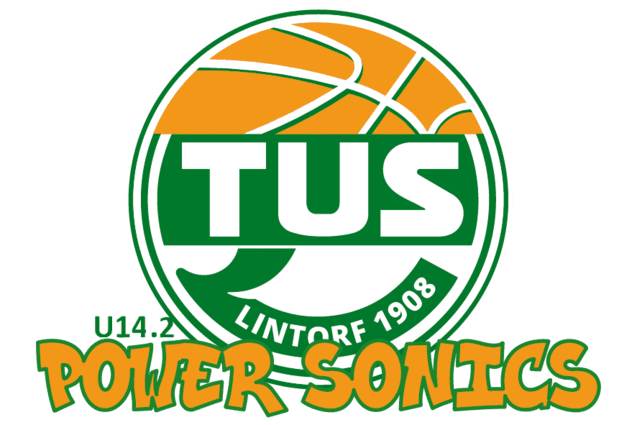 Logo der Basketballmannschaft TUS Lintorf 1908 U14.2 Power Sonics, mit orangefarbenem Ball und grünem Schriftzug.