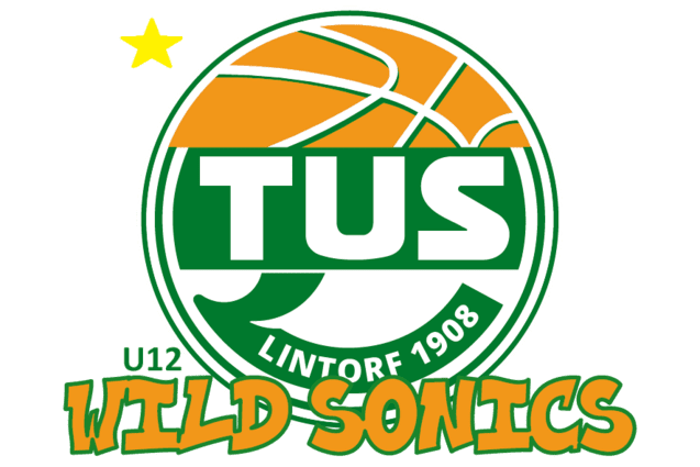 Logo der U12 Basketballmannschaft &bdquo;Wild Sonics&ldquo; von TuS Lintorf, umgeben von einem Basketball und einer Sterngrafik.