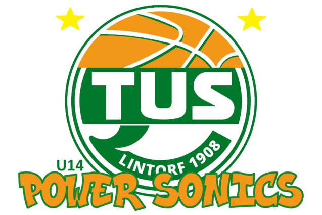 Logo der U14-Basketballmannschaft "Power Sonics" des TUS Lintorf 1908 mit Basketballmotiv und zwei Sternen.