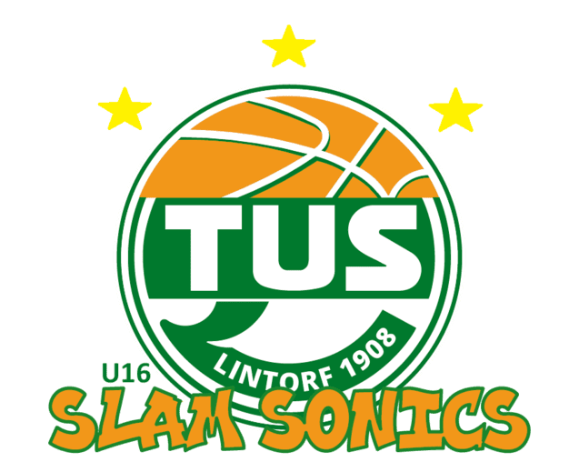 Logo der U16-Basketballmannschaft "Slam Sonics" von TuS Lintorf 1908 mit einem Basketball und drei Sternen.