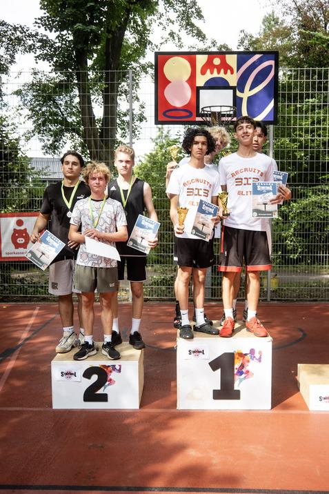 Sechs Sportler stehen auf Siegerpodesten, halten Urkunden in der Hand und posieren vor einem Basketballkorb.