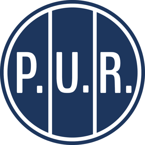Rundes Logo in Blau mit den wei&szlig;en Buchstaben P.U.R. und drei vertikalen Streifen.