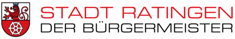 Stadt Ratingen Logo mit Wappen und Schriftzug &bdquo;DER B&Uuml;RGERMEISTER&ldquo; in roter Schrift auf wei&szlig;em Hintergrund.