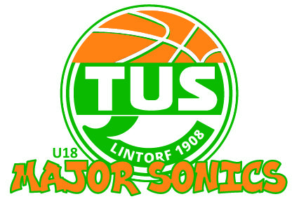 Logo der Basketballmannschaft U18 Major Sonics, mit orange-gr&uuml;nem Ball und Schriftzug &bdquo;TUS Lintorf 1908&ldquo;.