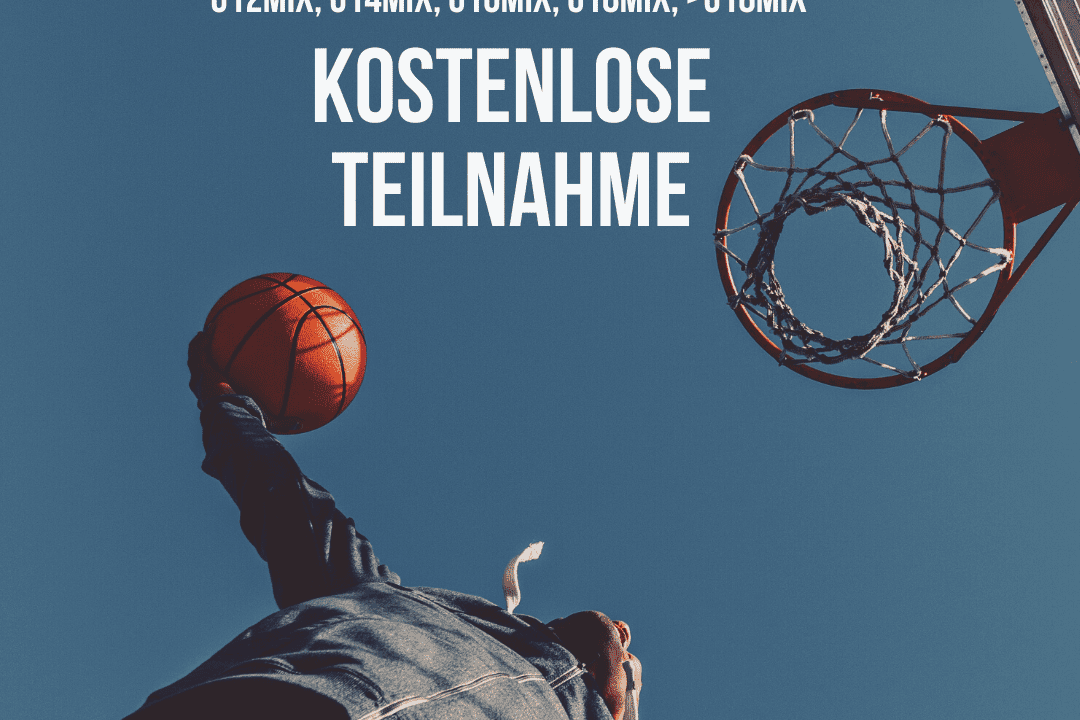 Sportler wirft Basketball zum Korb bei Streetball-Event, Datums- und Veranstaltungsdetails im oberen Bildbereich.