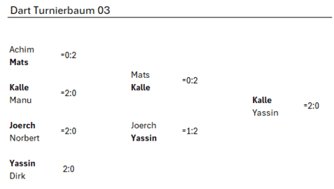 Dartturnierbaum mit Spielergebnissen und Matchpaarungen für das Turnier 03.