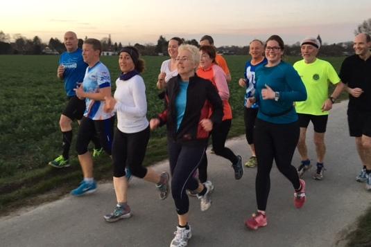 Eine Gruppe von zw&ouml;lf L&auml;ufern joggt auf einem Weg durch ein Feld bei Sonnenuntergang.