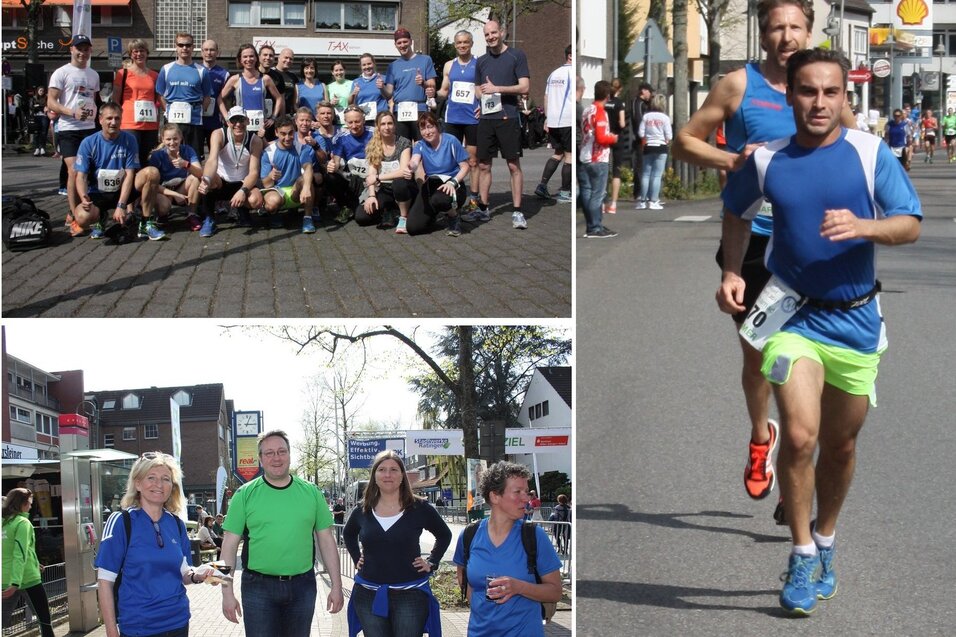 Drei Collagebilder: Gruppe von L&auml;ufern, Teilnehmer im Wettlauf, und Zuschauer in blauer Kleidung auf einer Stra&szlig;enveranstaltung.