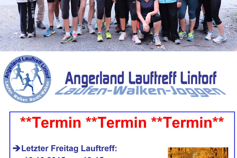 Gruppe von Laufenden in Sportbekleidung steht im Wald, umgeben von B&auml;umen, mit Ank&uuml;ndigungen f&uuml;r Laufveranstaltungen.
