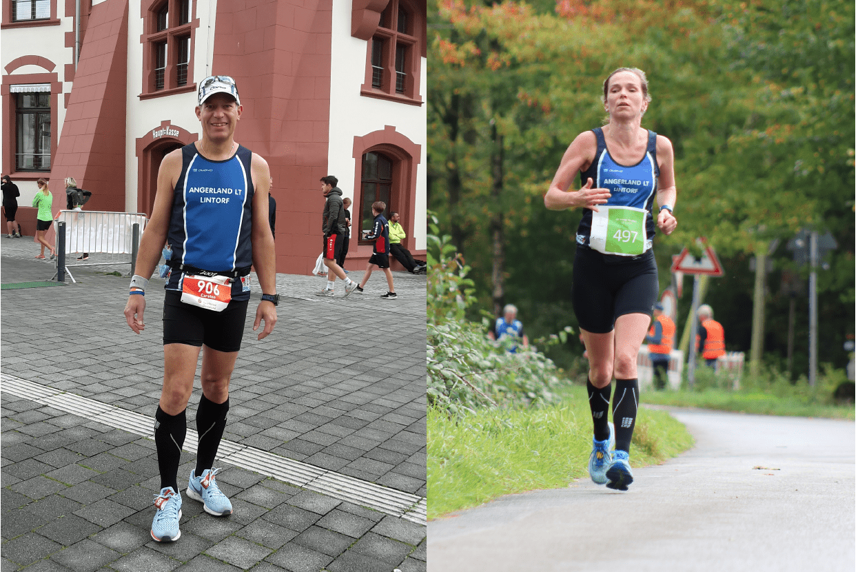 Zwei Läufer in Wettkampfkleidung; der erste auf einem gepflasterten Platz, der zweite auf einem Waldweg im Freien.