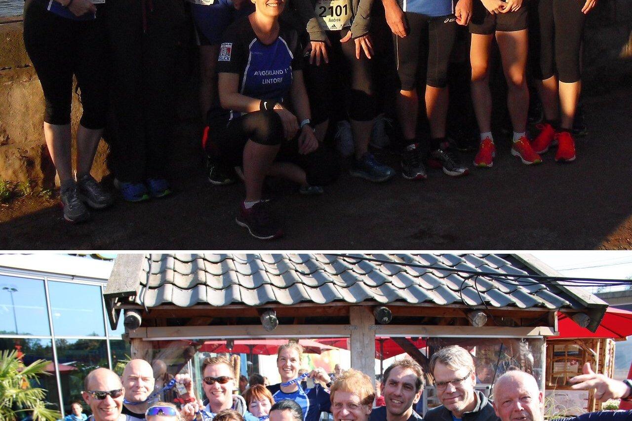 Gruppenfoto von Laufteilnehmern in Sportoutfits am Flussufer und Feier mit Medaillen in einem Garten.