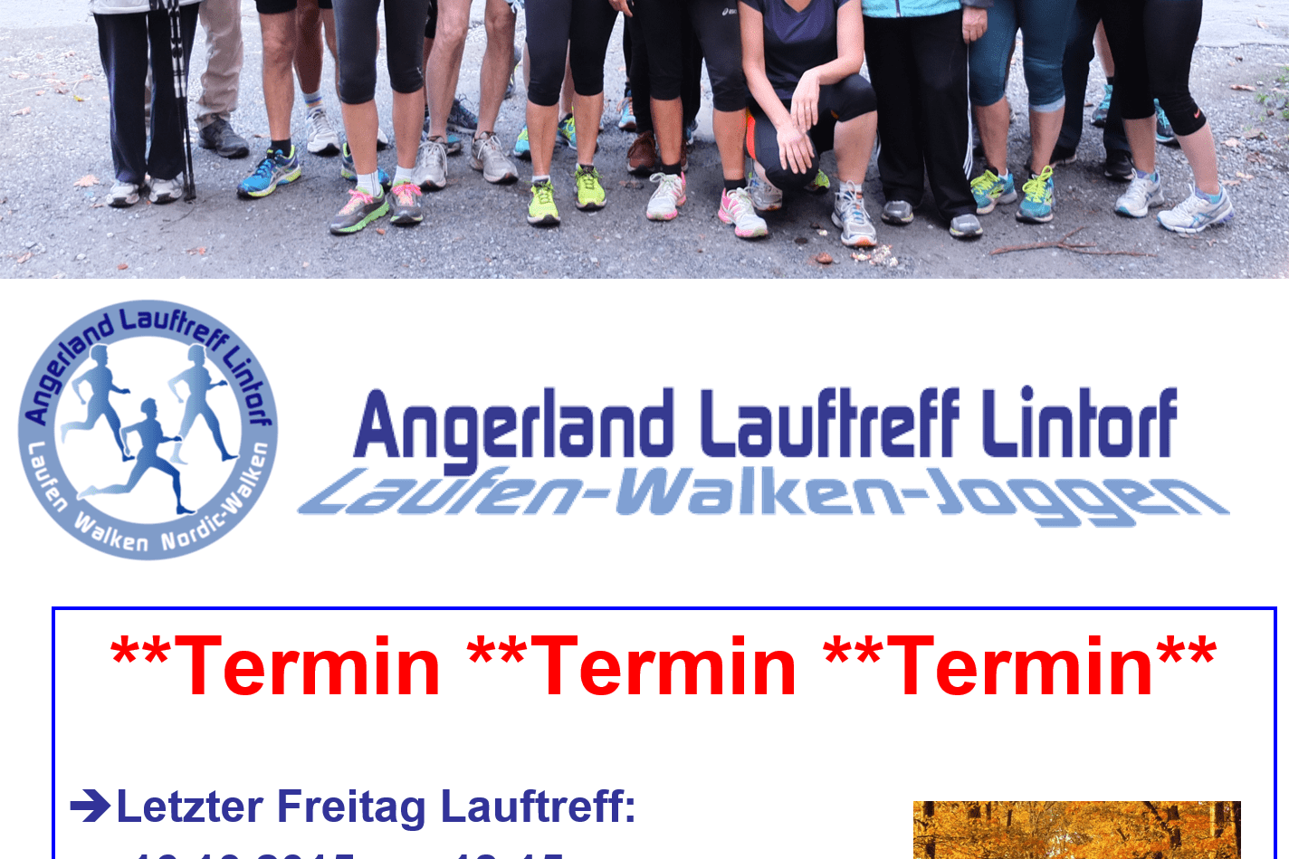 Gruppe von Laufenden in Sportbekleidung steht im Wald, umgeben von Bäumen, mit Ankündigungen für Laufveranstaltungen.