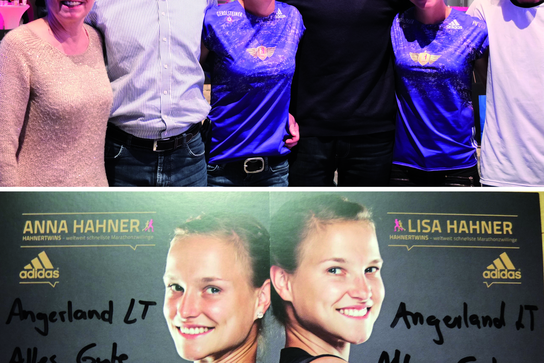 Familienfoto mit Anna und Lisa Hahner, darunter ein signiertes Plakat von beiden Athletinnen mit Glückwünschen.