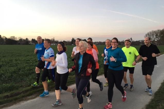 Eine Gruppe von zw&ouml;lf L&auml;ufern joggt auf einem Weg durch ein Feld bei Sonnenuntergang.