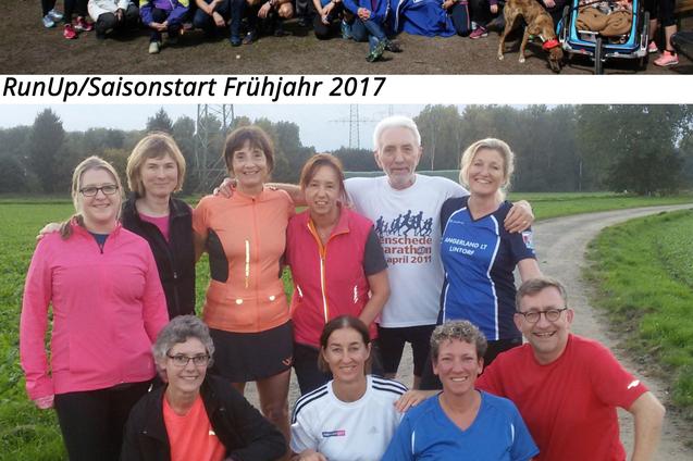 Gruppenfoto von Laufbegeisterten beim Saisonstart 2017 in der Natur, mit Teilnehmern in Sportkleidung und Banner im Hintergrund.