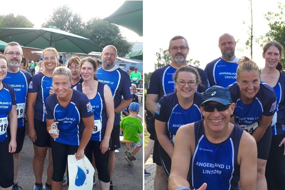 Gruppenfoto von L&auml;ufern in blauen Trikots mit Nummern, einige l&auml;cheln, im Hintergrund sind B&auml;ume und Veranstaltungsst&auml;nde sichtbar.