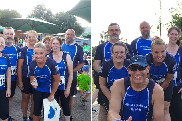 Gruppenfoto von L&auml;ufern in blauen Trikots mit Nummern, einige l&auml;cheln, im Hintergrund sind B&auml;ume und Veranstaltungsst&auml;nde sichtbar.