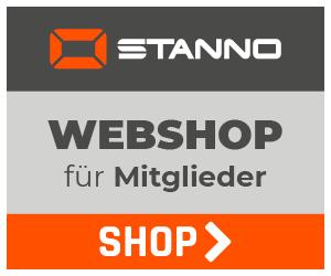 Logo von Stanno mit der Aufschrift „WEBSHOP für Mitglieder“ und einem orangefarbenen „SHOP“-Button.