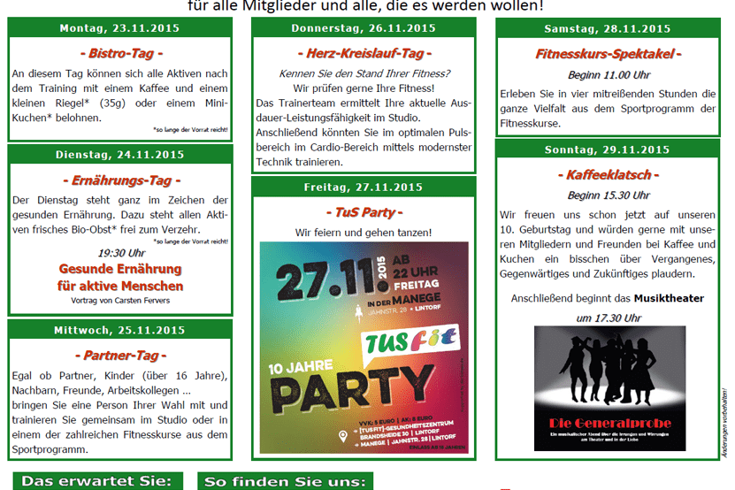 Jubil&auml;umsflyer des TuS Fit mit Aktionen vom 23. bis 29. November 2015 zur Feier des 10-j&auml;hrigen Bestehens.