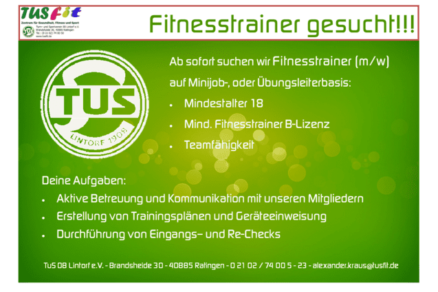 Anzeige f&uuml;r die Suche nach Fitnesstrainern (m/w) mit Anforderungen und Aufgaben auf gr&uuml;nem Hintergrund.