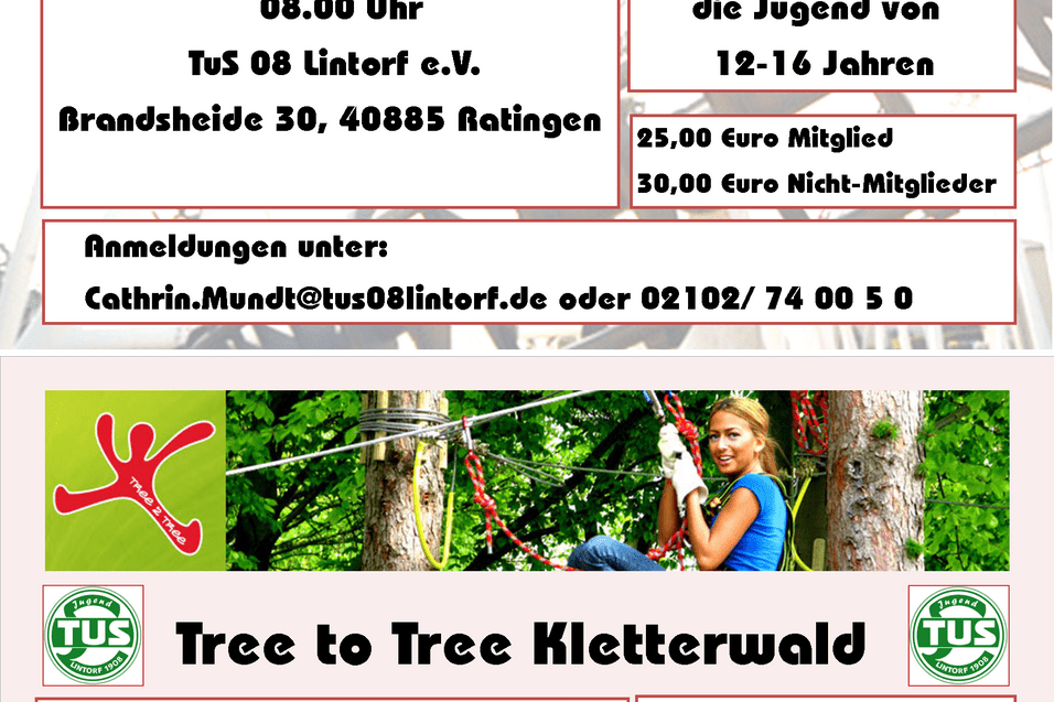 Plakat mit Informationen zu Veranstaltungen des TuS 08 Lintorf: Movie Park und Tree to Tree Kletterwald f&uuml;r Jugendliche.