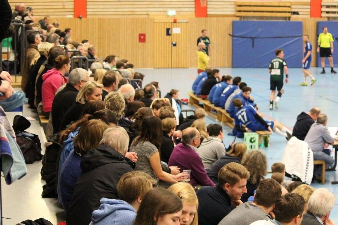 Zuschauer sitzen auf Tribünen in einer Sporthalle, während ein Handballspiel im Hintergrund stattfindet.
