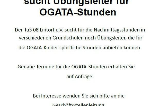 Aushang des TuS 08 Lintorf e.V. zur Suche nach &Uuml;bungsleitern f&uuml;r OGATA-Stunden in Grundschulen. Kontaktdaten angegeben.