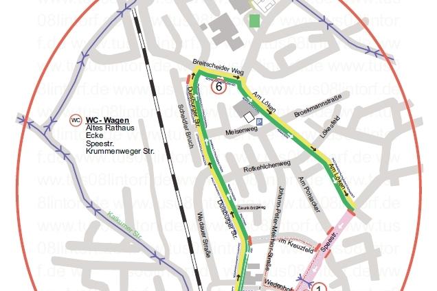 Karte des 9. Citylaufs in Lintorf am 10. April 2016 mit Laufstrecken und wichtigen Orten f&uuml;r Anwohner.