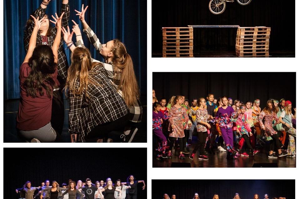 Collage aus Tanzauftritten und BMX-Aktionen, darunter ein Herzsymbol, bunte Kost&uuml;me und dynamische Gruppenperformances.