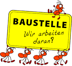 Illustration von Ameisen, die ein gelbes Baustellenschild mit der Aufschrift &bdquo;BAUSTELLE &ndash; Wir arbeiten daran?&ldquo; tragen.