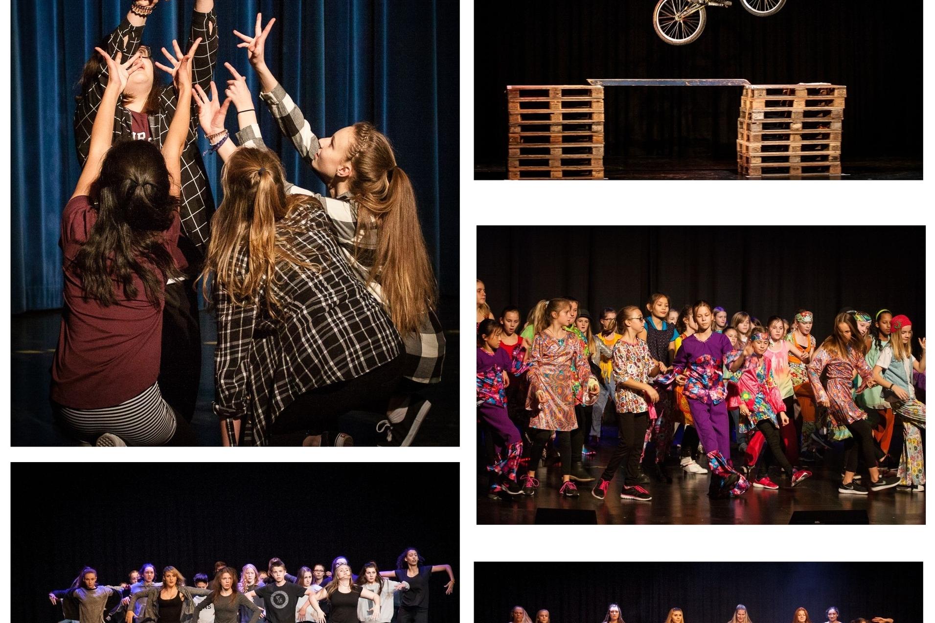 Collage aus Tanzauftritten und BMX-Aktionen, darunter ein Herzsymbol, bunte Kost&uuml;me und dynamische Gruppenperformances.