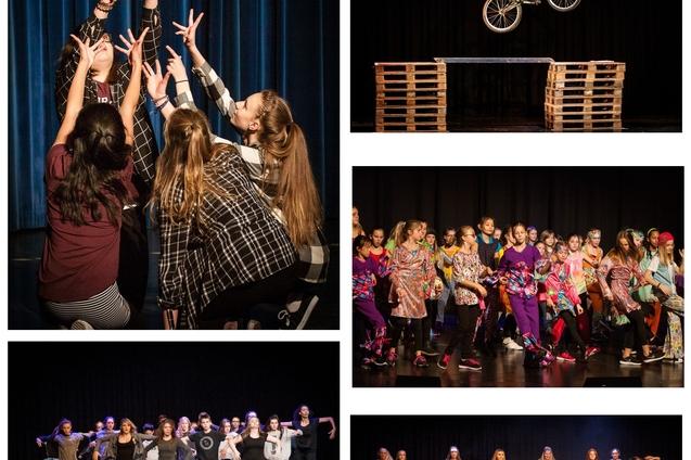 Collage aus Tanzauftritten und BMX-Aktionen, darunter ein Herzsymbol, bunte Kost&uuml;me und dynamische Gruppenperformances.