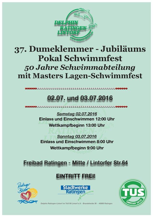 Plakat für das 37. Dumeklemmer Jubiläumspokal Schwimmfest am 02. und 03. Juli 2016 mit Details zu Einlass und Wettkämpfen.
