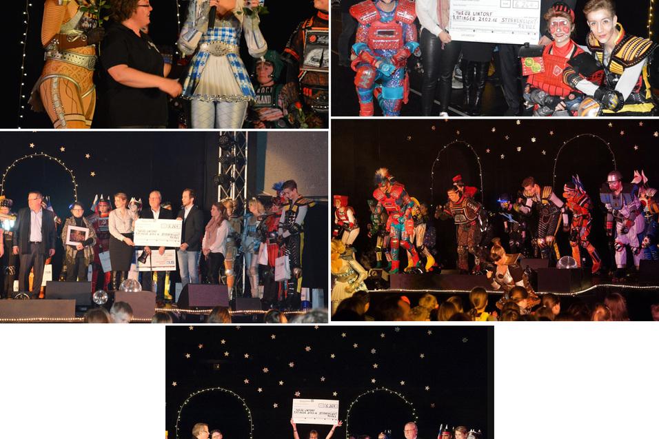 Mehrere Personen in bunten Kost&uuml;men auf einer B&uuml;hne bei einer Veranstaltung, umgeben von Lichtern und Dekoration.