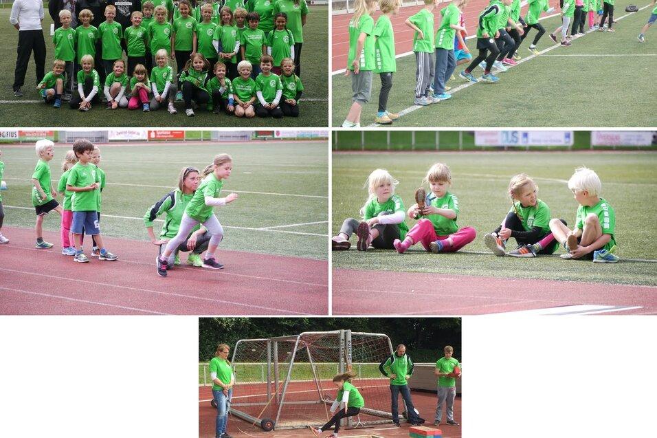 Gruppenszenen mit Kindern und Erwachsenen in gr&uuml;nen T-Shirts beim Sport auf einer Laufbahn und im Sandkasten.