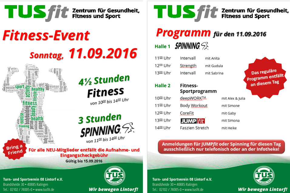 Fitness-Event-Plakat mit Details zu Datum, Programminhalten und Veranstaltungen im TUStfit Zentrum.