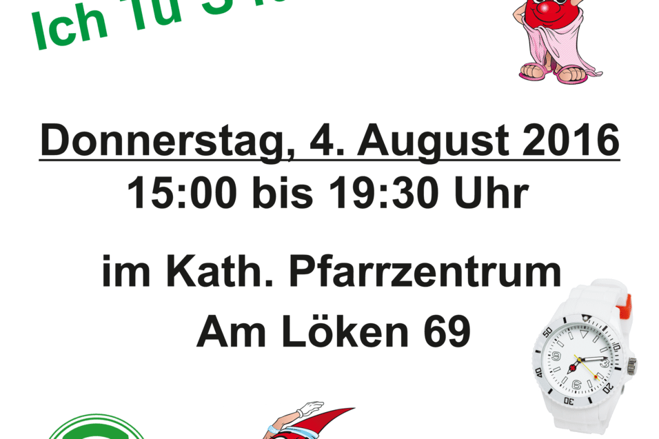 Plakat f&uuml;r eine Blutspendeaktion am 4. August 2016, mit Informationen und Logos des Veranstalters und des Roten Kreuzes.