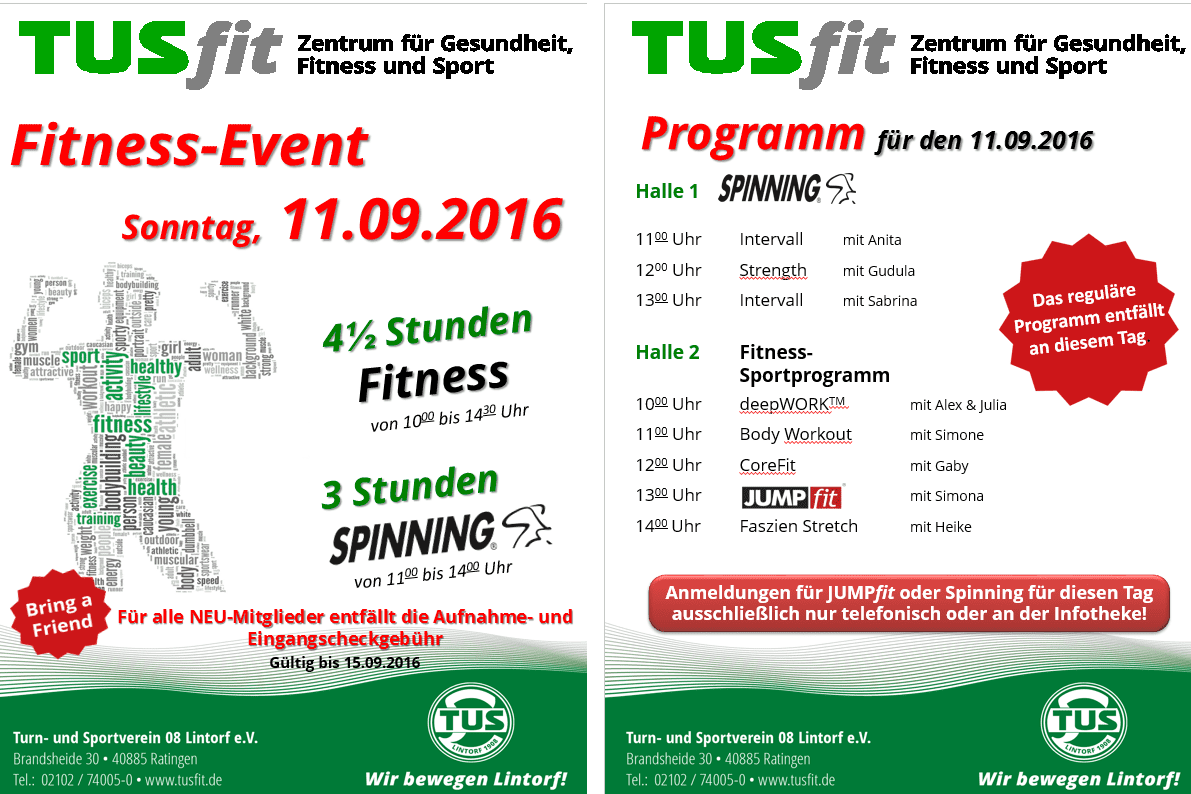 Fitness-Event-Plakat mit Details zu Datum, Programminhalten und Veranstaltungen im TUStfit Zentrum.