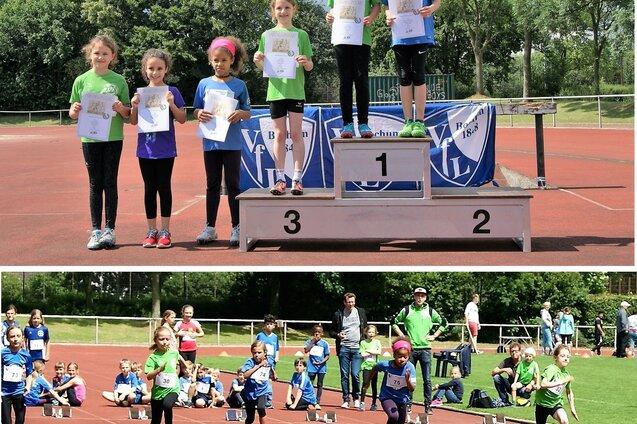 Zwei Bilder: Oben stehen Kinder auf dem Siegerpodium mit Urkunden, unten rennen Kinder auf einer Laufbahn.
